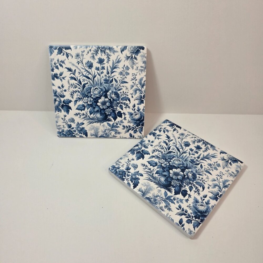 Blue Toile Sandstone Coaster - Set of 4 | French Country Floral | Cork Back 4.3" - Picture 4 of 6